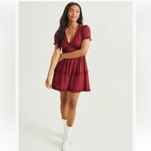 Altar’d State Burgundy Puff Sleeve Ruffle trim short dress NWT size Medium